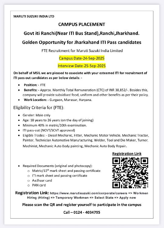 FTE Recruitment for Maruti Suzuki India Limited